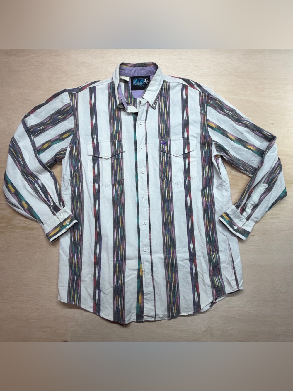 Vintage Lone Roo by Roper Western Shirt Mens Large USA Made Southwestern Stripe